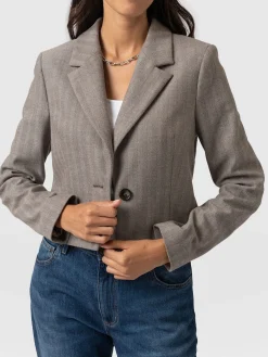 Hot Saint and Sofia Astrid Cropped Blazer - Brown Herringbone
