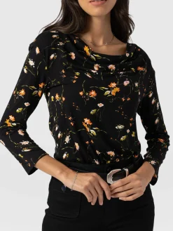 Fashion Saint and Sofia Cowl Neck Tee Long Sleeve - Black Floral