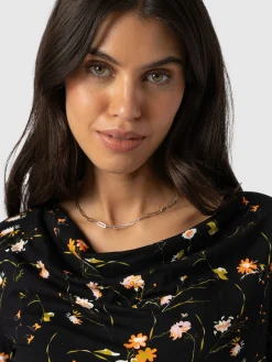 Fashion Saint and Sofia Cowl Neck Tee Long Sleeve - Black Floral