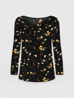 Fashion Saint and Sofia Cowl Neck Tee Long Sleeve - Black Floral