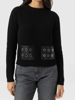 Discount Saint and Sofia Eyelet Rib Knit Sweater - Black