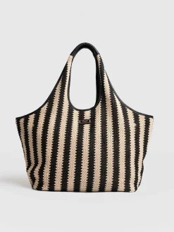 New Saint and Sofia Large Stella Shoulder Tote Bag - Beige/Black Raffia