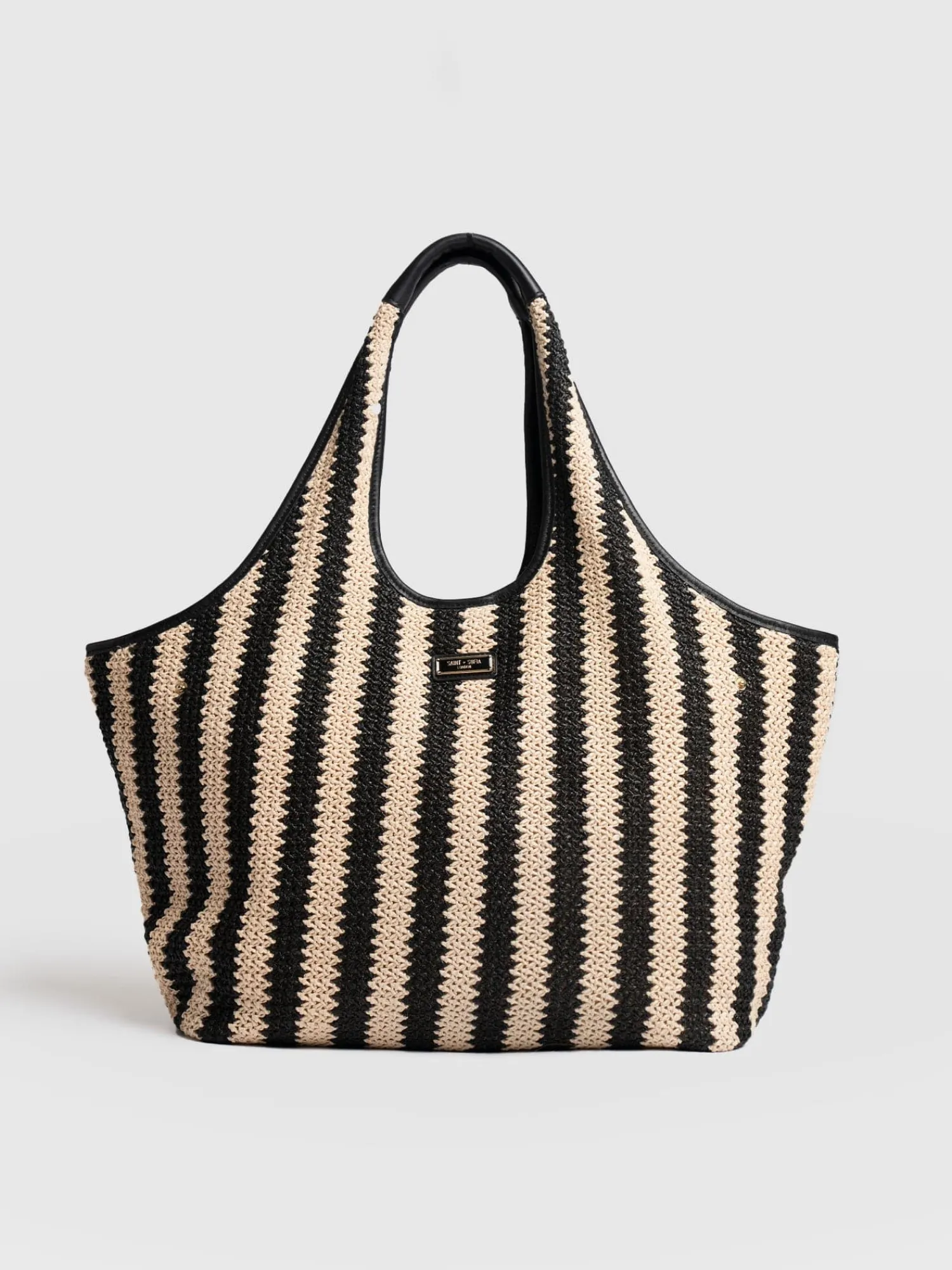 New Saint and Sofia Large Stella Shoulder Tote Bag - Beige/Black Raffia