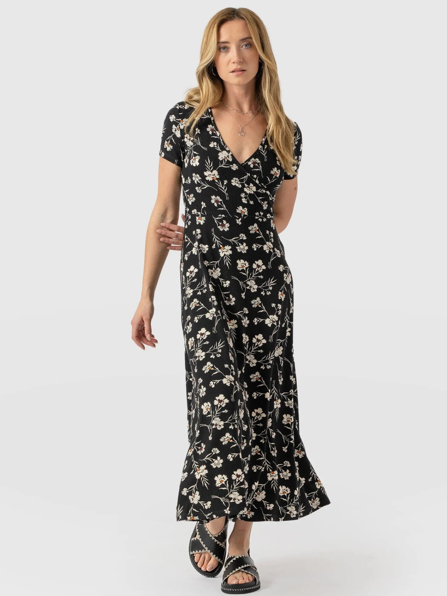 Fashion Saint and Sofia Maggie Wrap Short Sleeve Midi Dress - Black Spring Floral