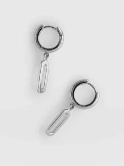 New Saint and Sofia Oval Charm Drop Huggie Earrings - Silver