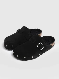 New Saint and Sofia Studded Clogs - Black Shearling